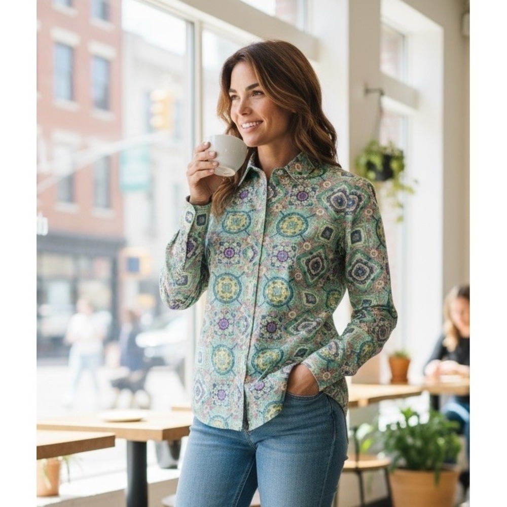 Talbots Floral Cotton Button‎ Front Blouse, Tunic Pink Green , Small Petite